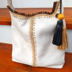 The Sak Leather Crossbody Los Feliz Boho Bag Purse with Wooden Beads & Tassles